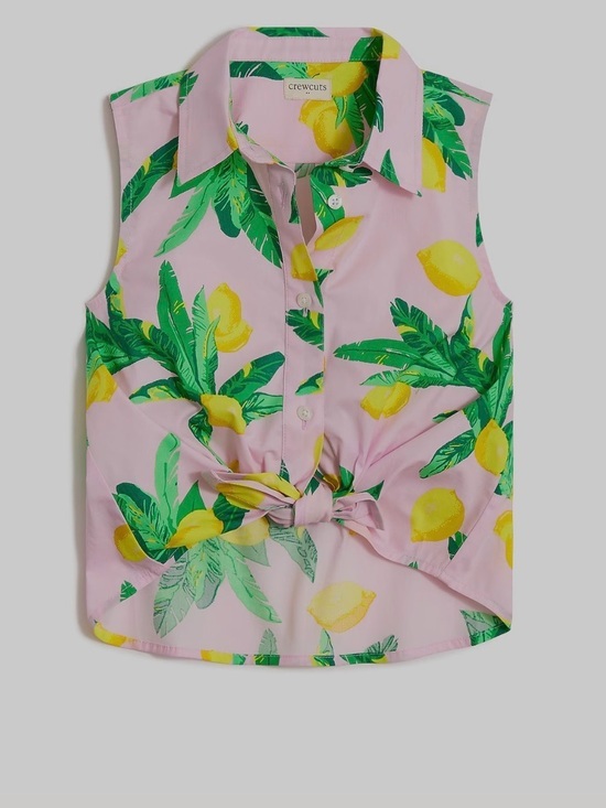 Crewcuts Other - Crewcuts Girls Pink Sleeveless Lemon Print Tie-Front Shirt size 6-7 like EUC